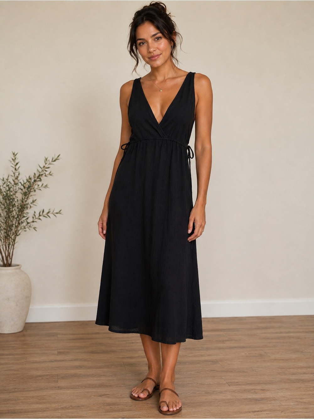 Shade & Shore Black Sleeveless V-Neck Midi Dress with Tie Waist